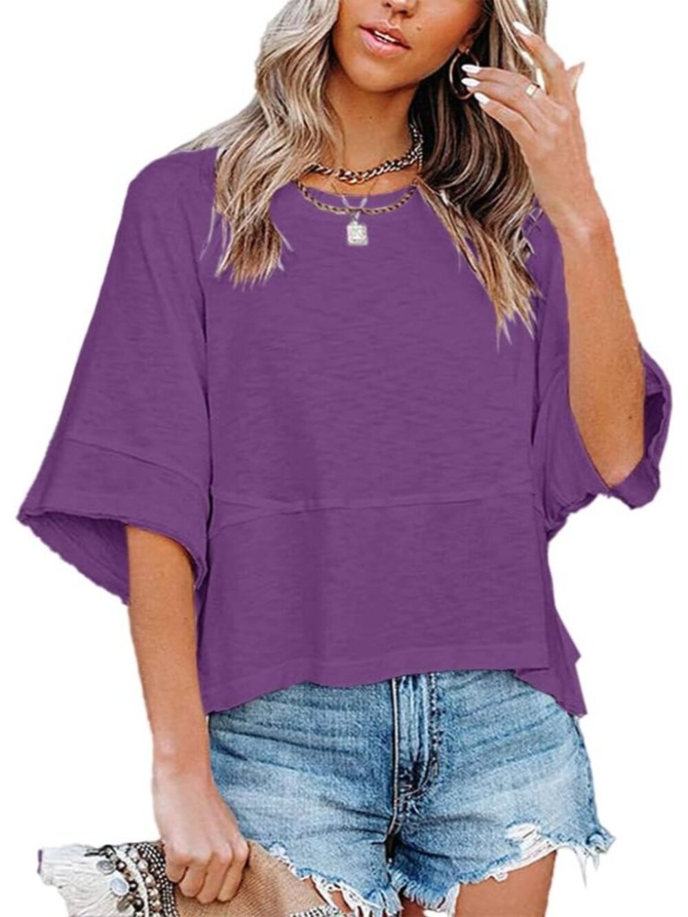 Women's Purple Casual Crew neck Batwing Half Sleeve T-Shirts Tops Tees Blouses - Picture 2 of 3